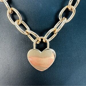 Heart Padlock Pendant Necklace Chunky Oval Paperclip Chain Gold-tone Adjustable